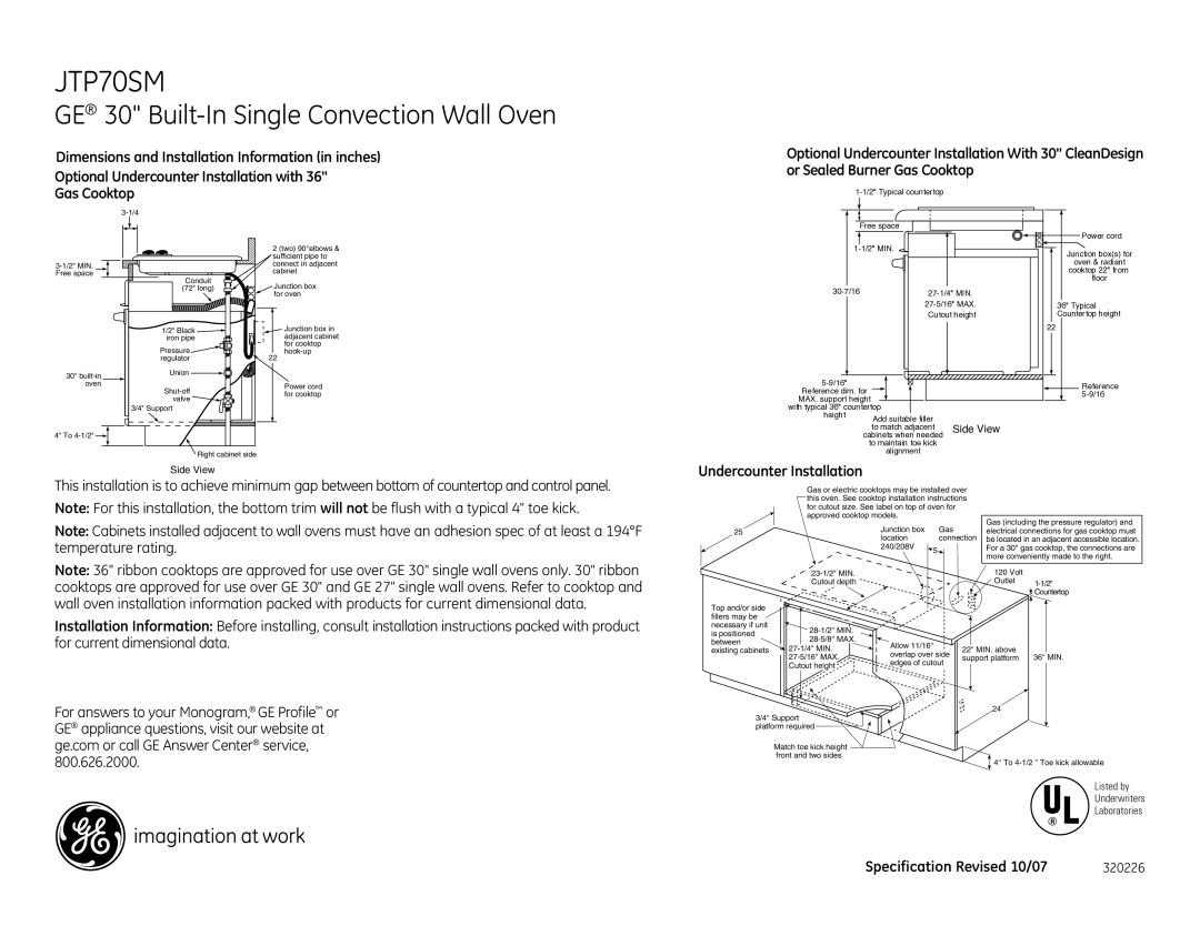 GE JTP70SMSS dimensions Undercounter Installation, 320226, Side View, Listed by Underwriters Laboratories 