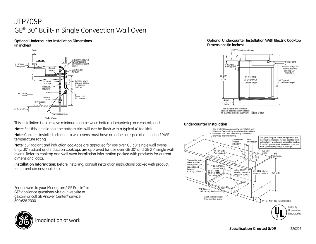 GE JTP70SPSS dimensions Undercounter Installation 