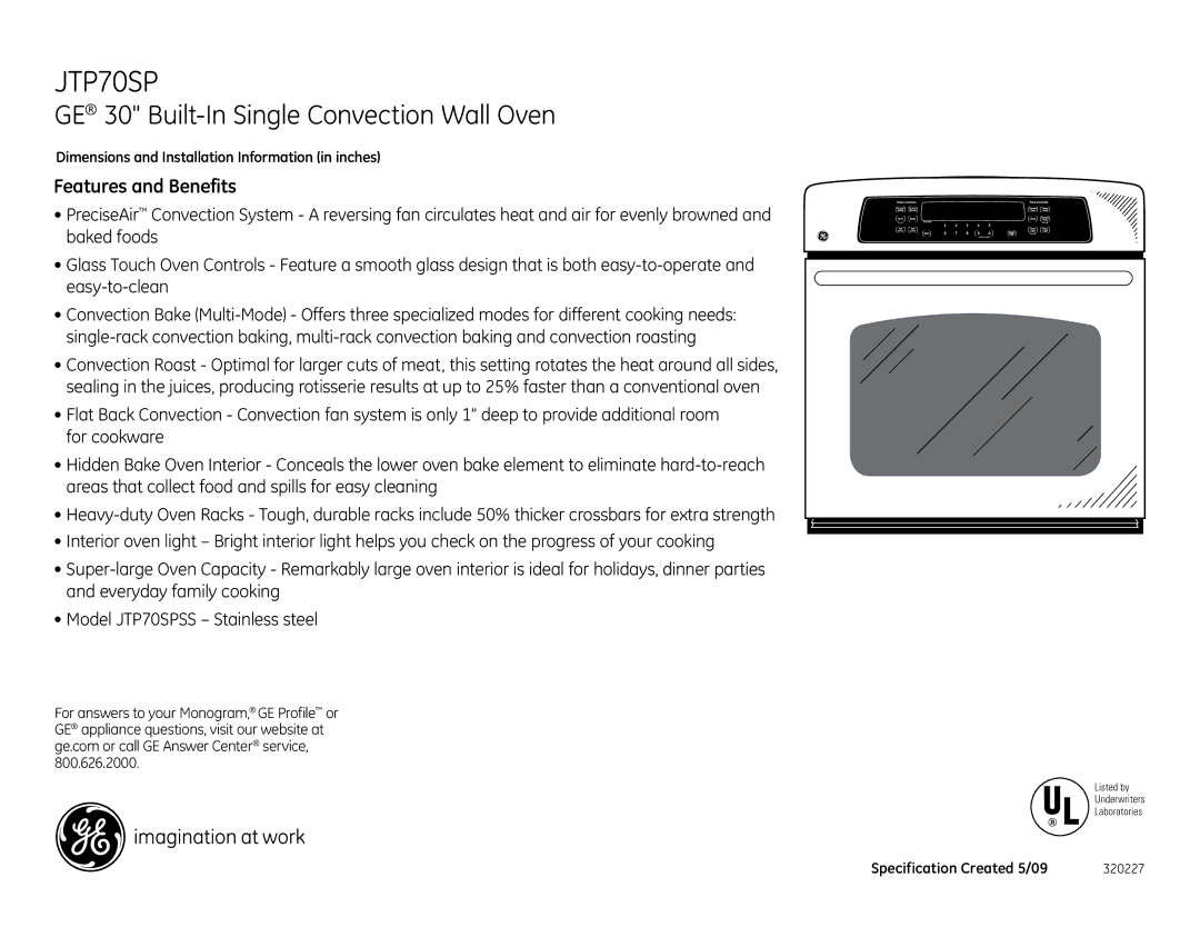 GE JTP70SPSS dimensions Features and Benefits 