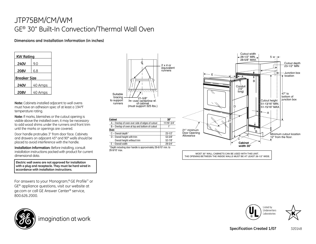 GE JTP75CM, JTP75WM dimensions JTP75BM/CM/WM, GE 30 Built-In Convection/Thermal Wall Oven 