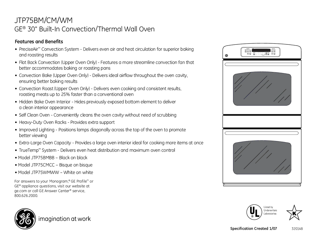 GE JTP75WM, JTP75CM, JTP75BM dimensions Features and Benefits 