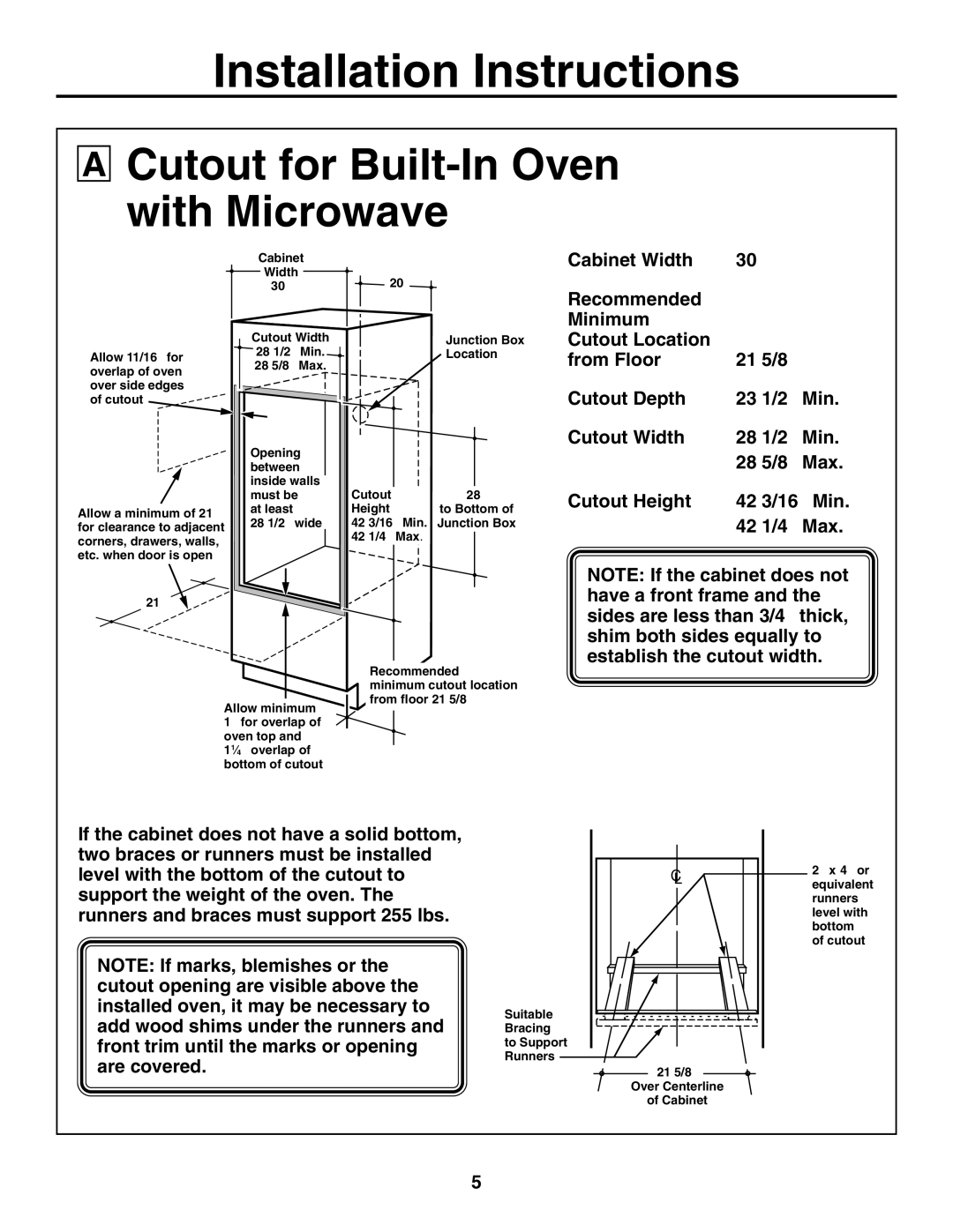 GE JTP86 installation instructions Cutout for Built-In Oven with Microwave, Cutout Height 16 Min Max 