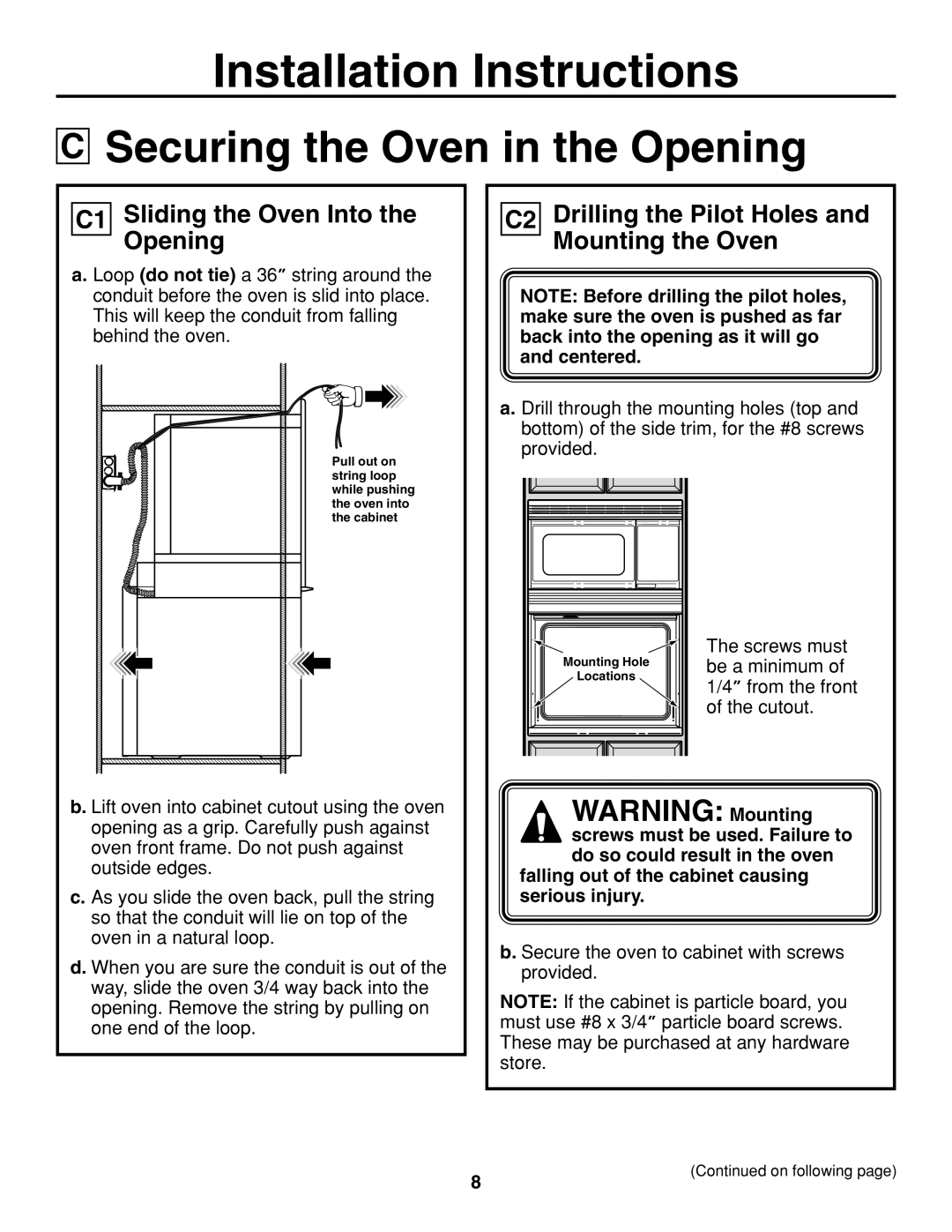 GE JTP86 installation instructions Securing the Oven in the Opening, C1 Sliding the Oven Into the Opening 