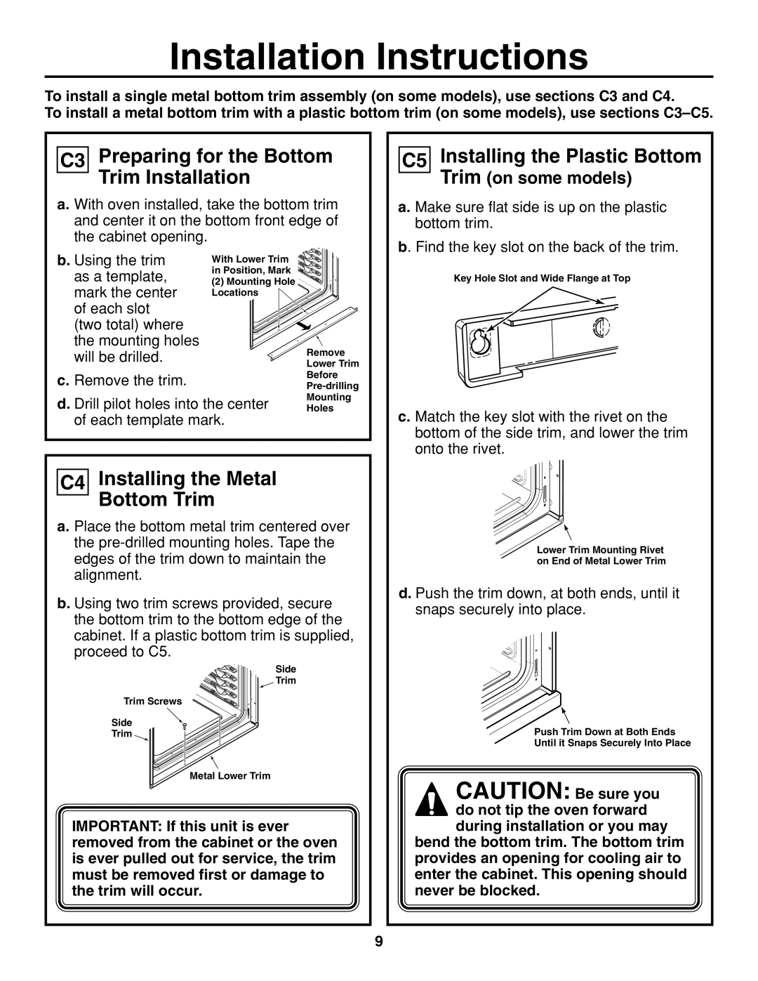 GE JTP86 installation instructions C3 Preparing for the Bottom Trim Installation, C4 Installing the Metal Bottom Trim 