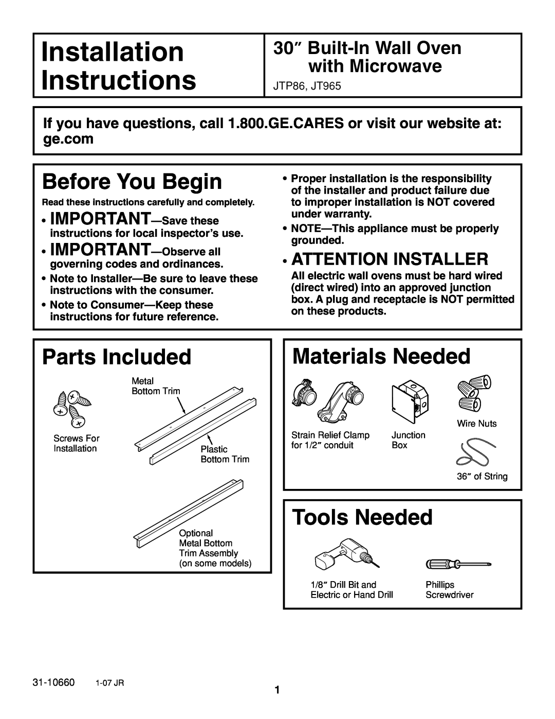 GE JTP86 installation instructions Installation, Instructions, Before You Begin, Parts Included, Materials Needed 