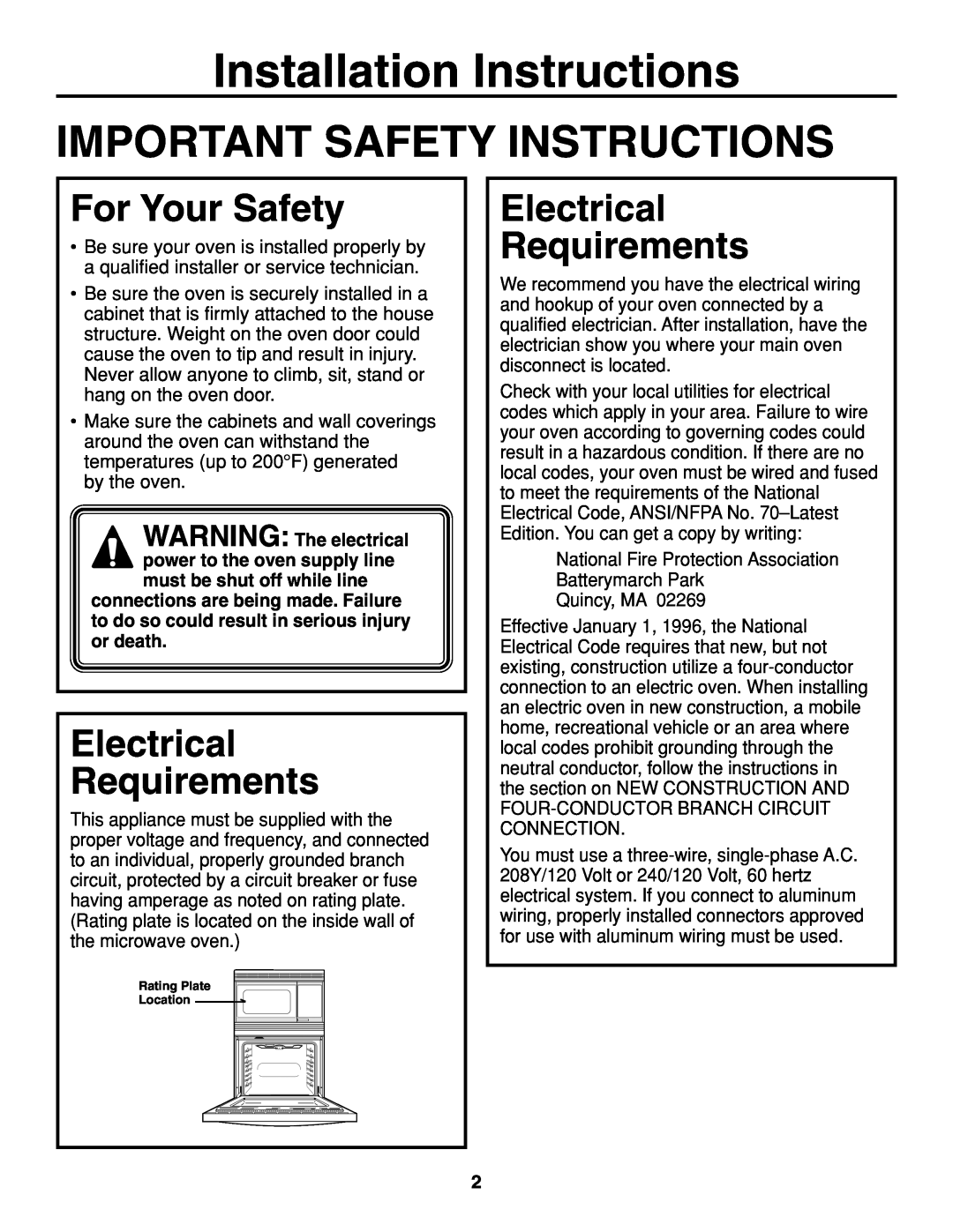 GE JTP86 Installation Instructions, Important Safety Instructions, For Your Safety, Electrical Requirements 
