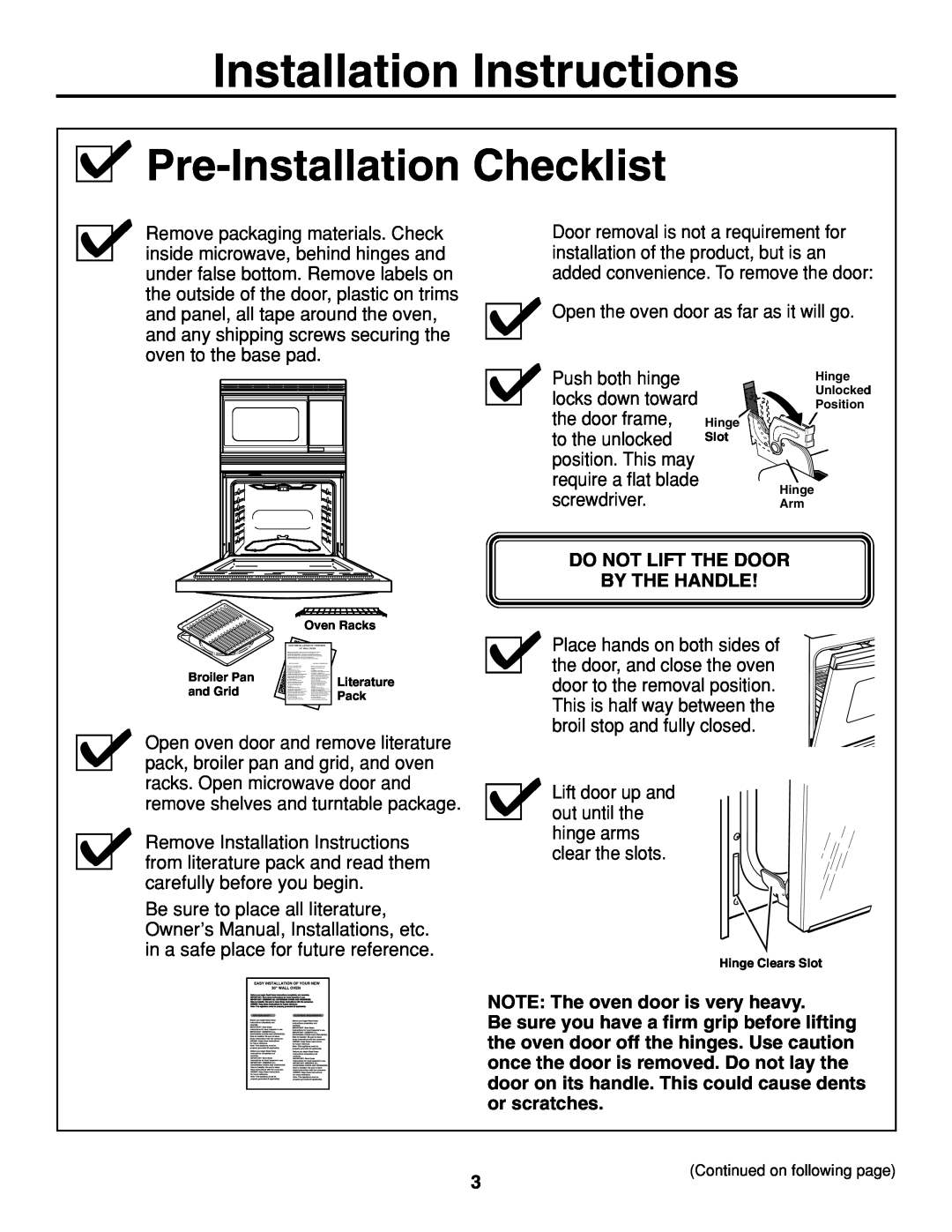 GE JTP86 Pre-Installation Checklist, Installation Instructions, Do Not Lift The Door By The Handle 
