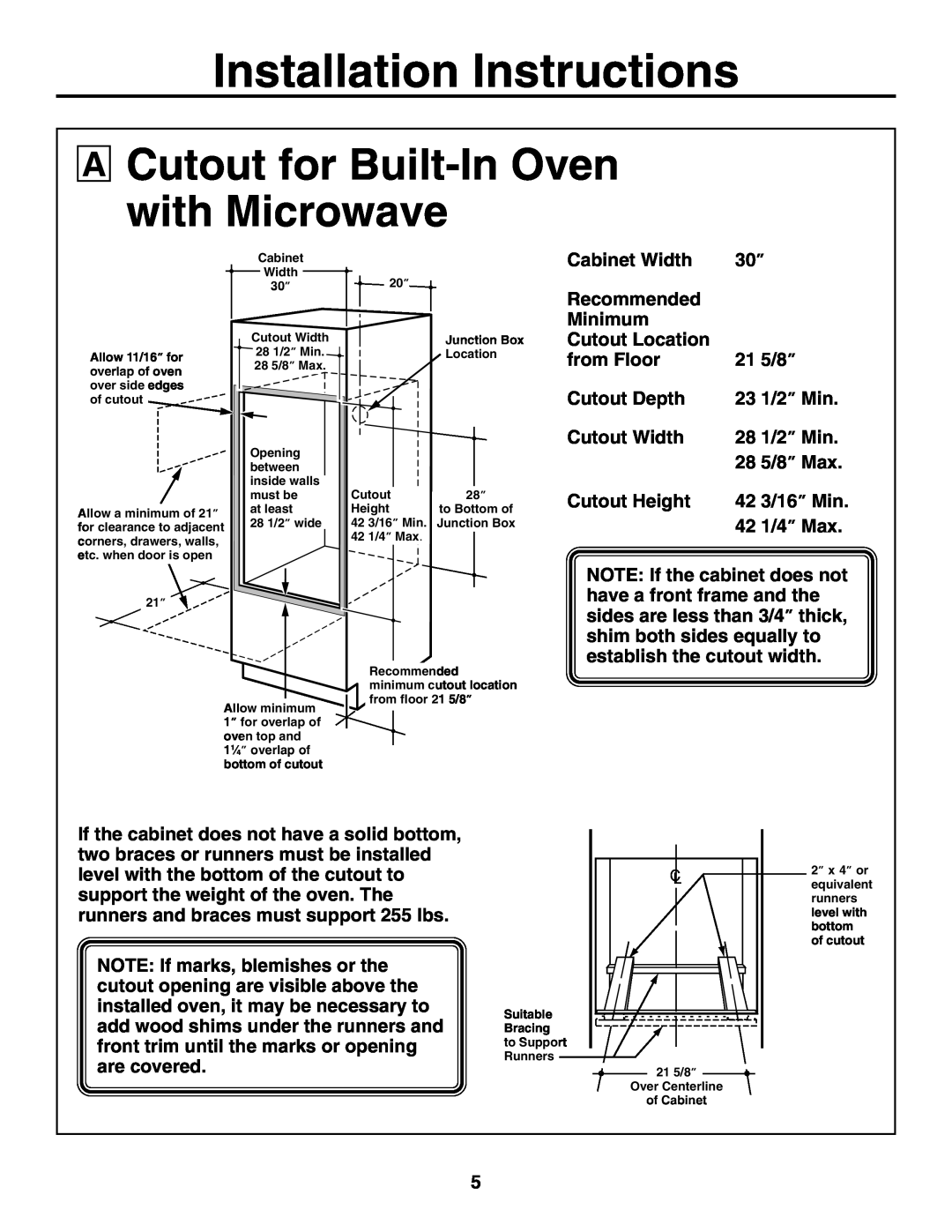 GE JTP86 installation instructions Cutout for Built-In Oven with Microwave, Installation Instructions 
