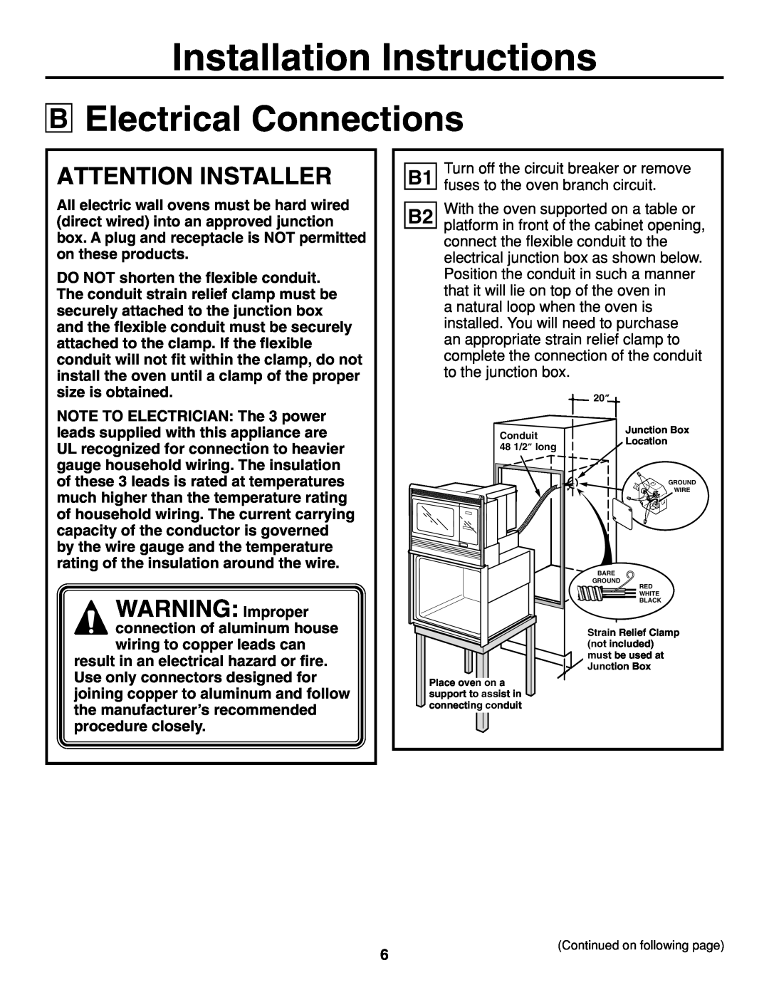 GE JTP86 installation instructions Electrical Connections, WARNING Improper, Installation Instructions, Attention Installer 