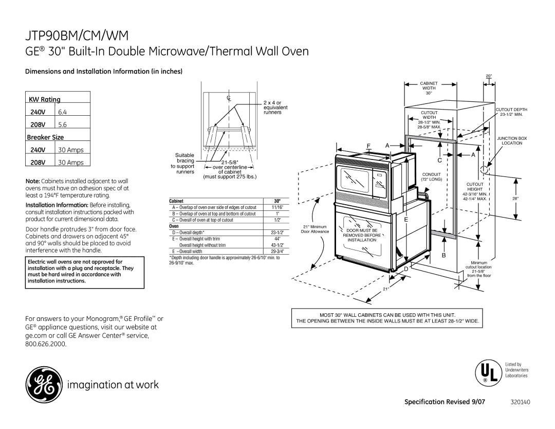 GE JTP90WM, JTP90CM installation instructions JTP90BM/CM/WM, GE 30 Built-In Double Microwave/Thermal Wall Oven 