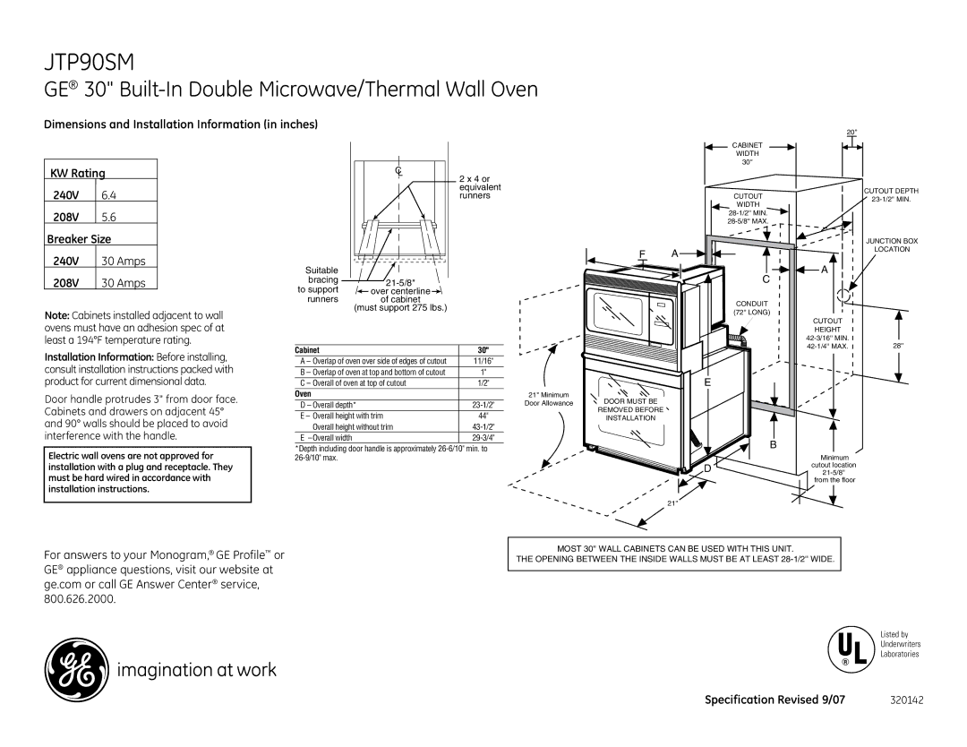 GE JTP90SM installation instructions GE 30 Built-In Double Microwave/Thermal Wall Oven, Specification Revised 9/07 