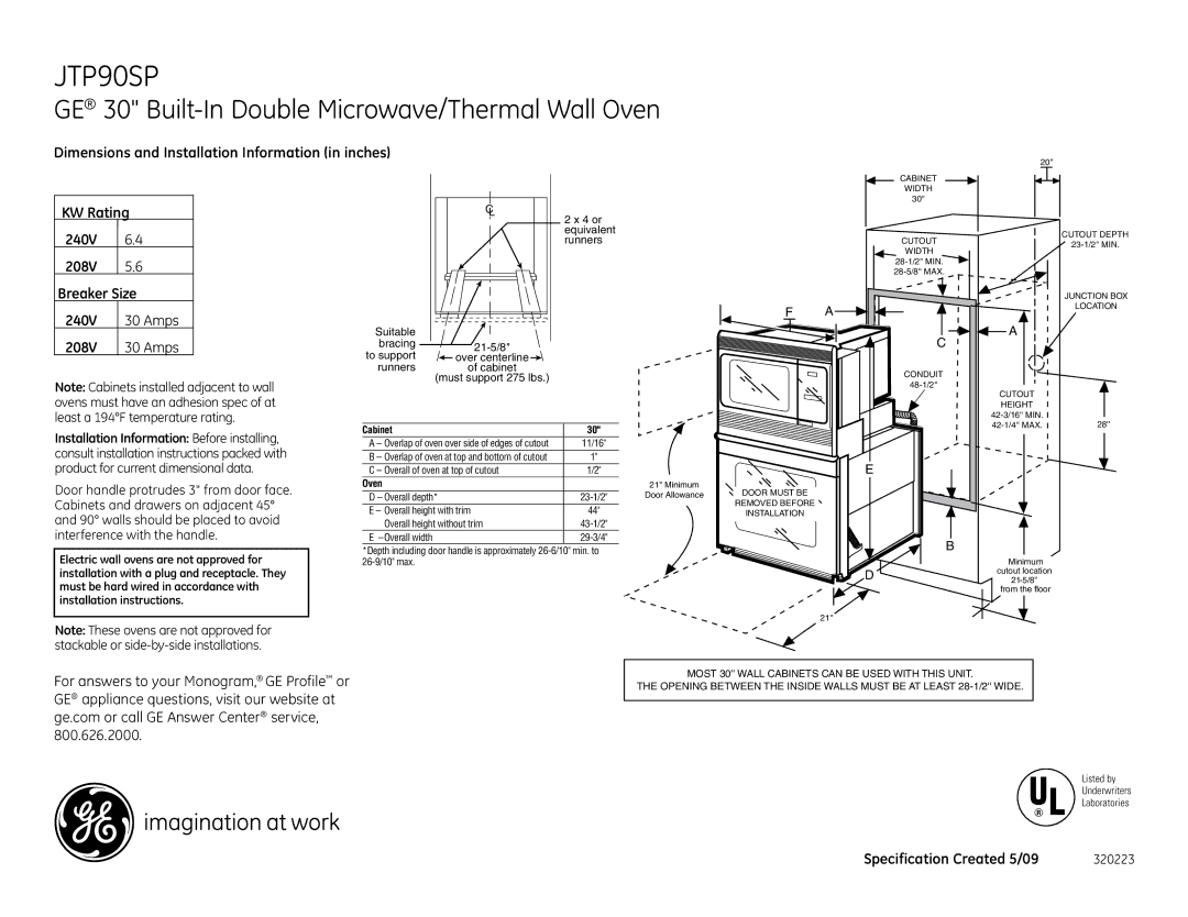 GE JTP90SP installation instructions GE 30 Built-In Double Microwave/Thermal Wall Oven, Specification Created 5/09 