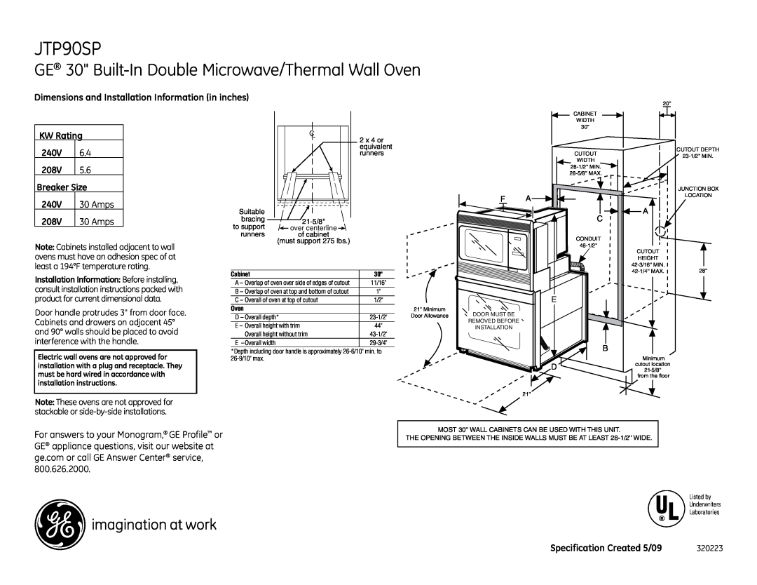 GE JTP90SP installation instructions GE 30 Built-InDouble Microwave/Thermal Wall Oven, KW Rating 240V 208V Breaker Size 
