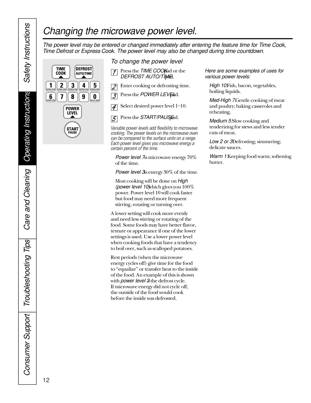 GE JTP95 owner manual Changing the microwave power level, Instructions, To change the power level…, Defrost AUTO/TIME pad 