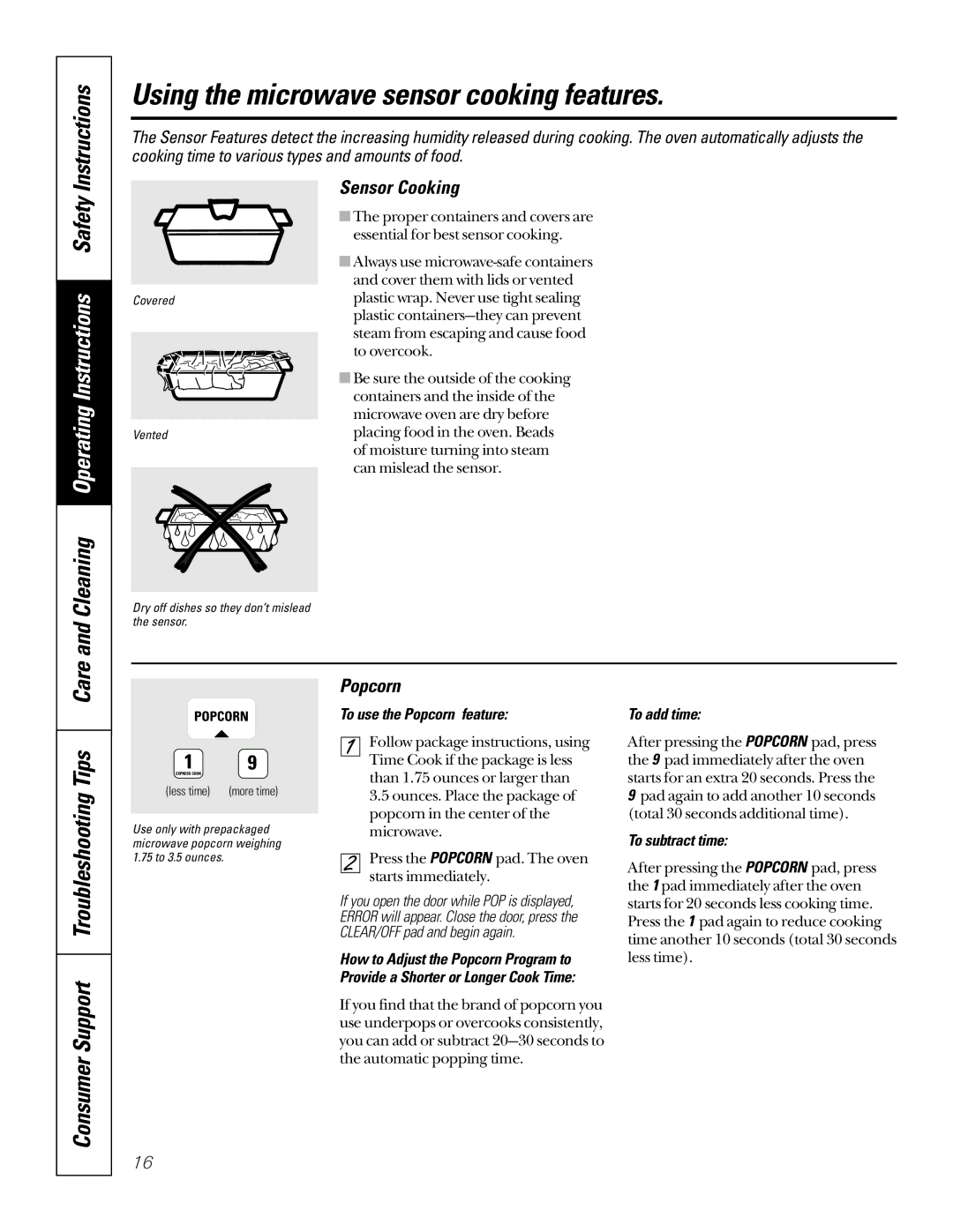 GE JTP95 owner manual Using the microwave sensor cooking features, Sensor Cooking, Popcorn 