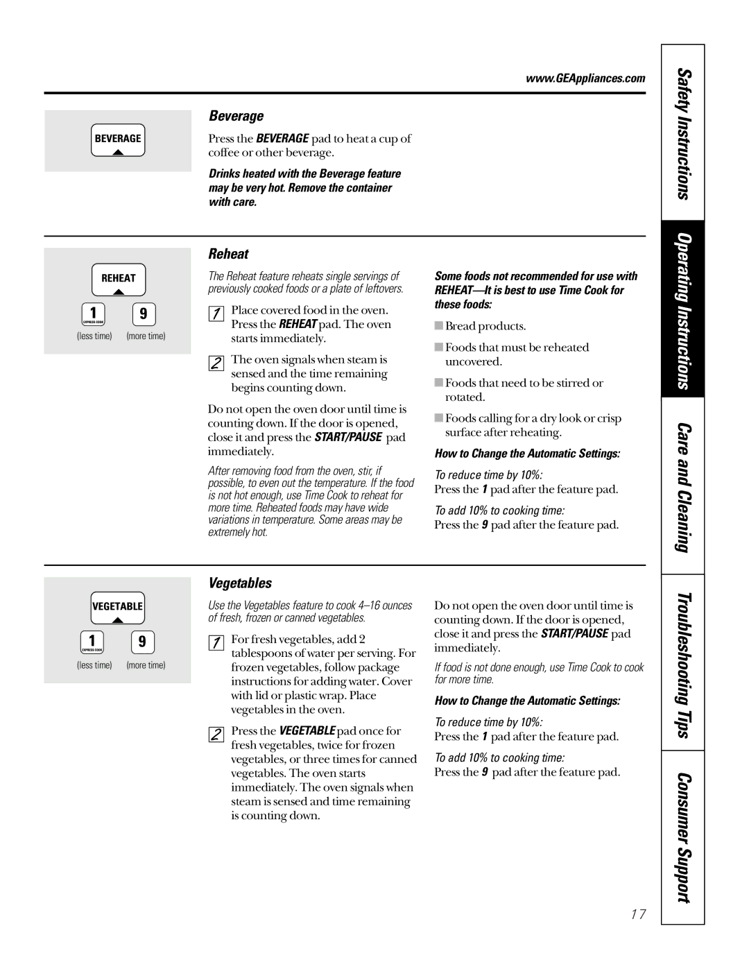 GE JTP95 owner manual Safety Instructions, Beverage, Reheat, Vegetables, How to Change the Automatic Settings 