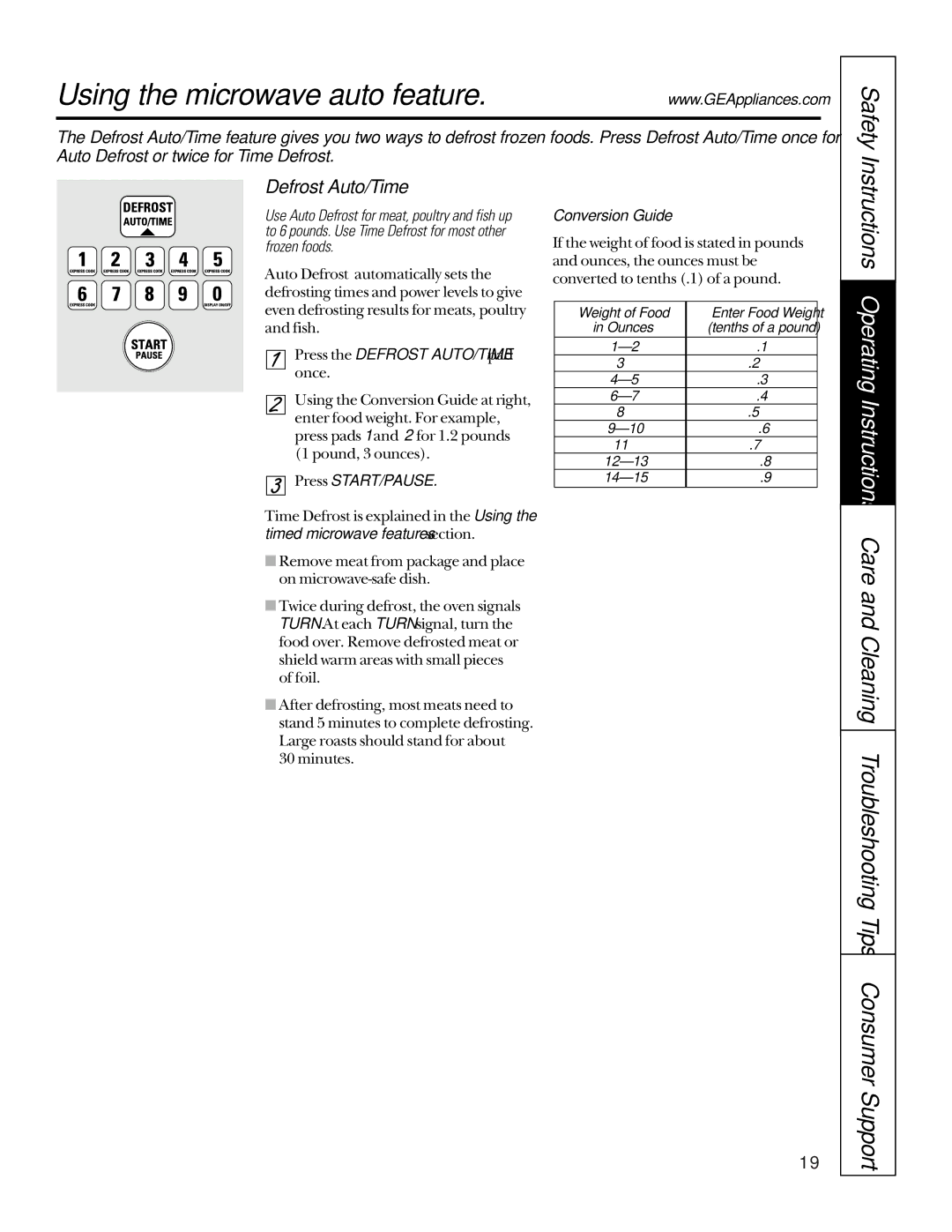 GE JTP95 owner manual Using the microwave auto feature, Defrost Auto/Time, Press START/PAUSE, Conversion Guide 