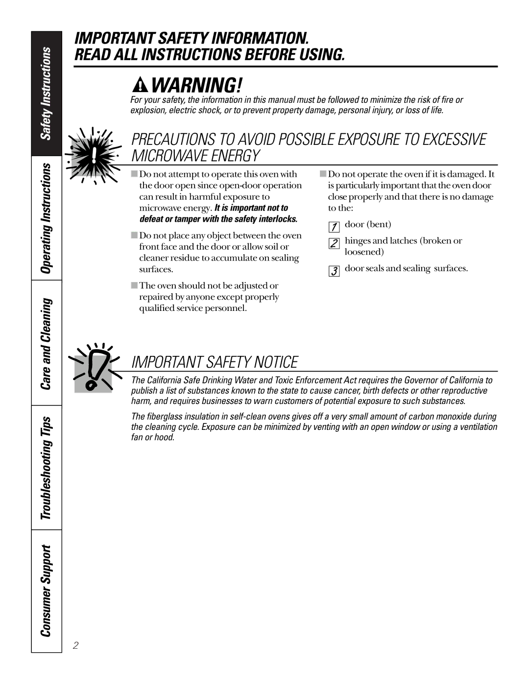 GE JTP95 owner manual Important Safety Notice, Cleaning Operating Instructions, Consumer Support Troubleshooting Tips Care 