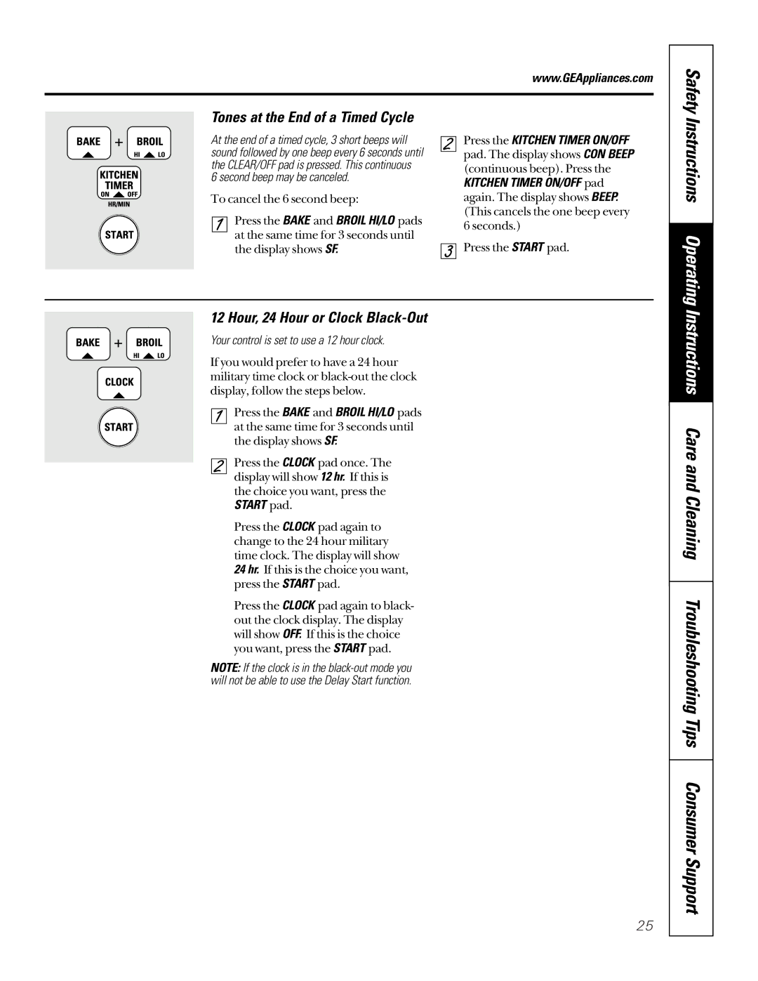 GE JTP95 Tones at the End of a Timed Cycle, Hour, 24 Hour or Clock Black-Out, Your control is set to use a 12 hour clock 