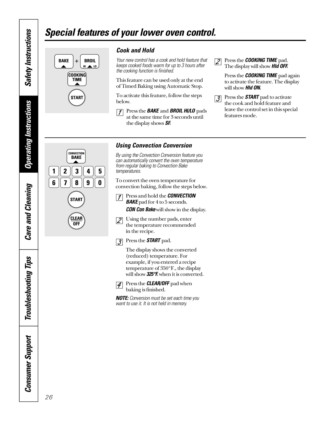 GE JTP95 owner manual Cook and Hold, Using Convection Conversion 