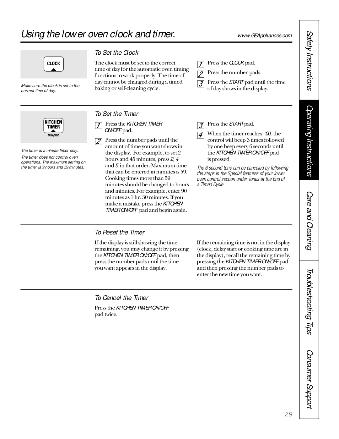 GE JTP95 owner manual Using the lower oven clock and timer, Tips Consumer Support 