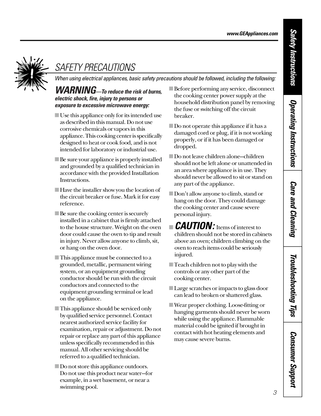 GE JTP95 owner manual Safety Precautions, Safety Instructions 