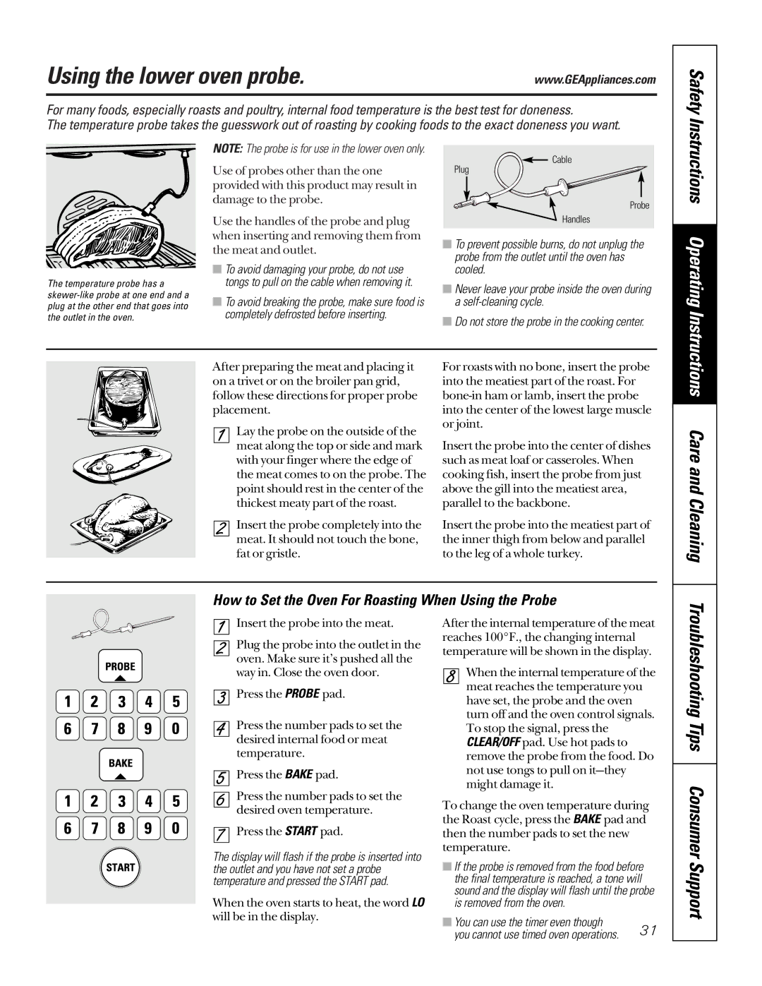 GE JTP95 owner manual Using the lower oven probe, Troubleshooting Tips Consumer Support 