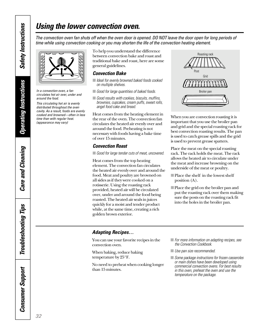 GE JTP95 Using the lower convection oven, Tips Care and Cleaning, Convection Bake, Convection Roast, Adapting Recipes… 