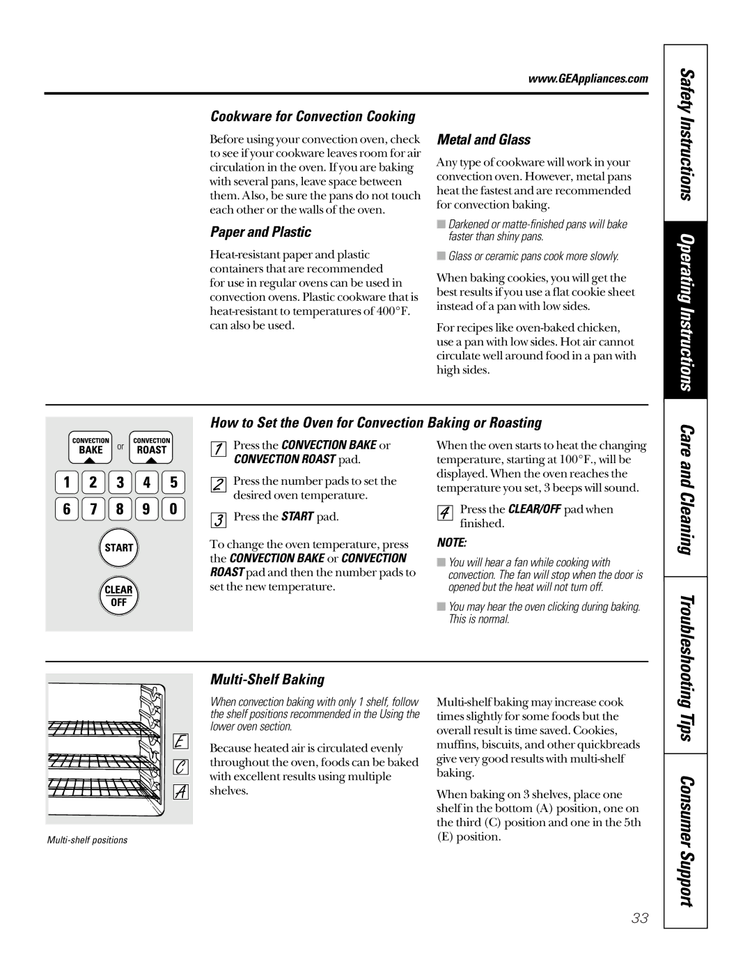 GE JTP95 Paper and Plastic, Metal and Glass, How to Set the Oven for Convection Baking or Roasting, Multi-Shelf Baking 