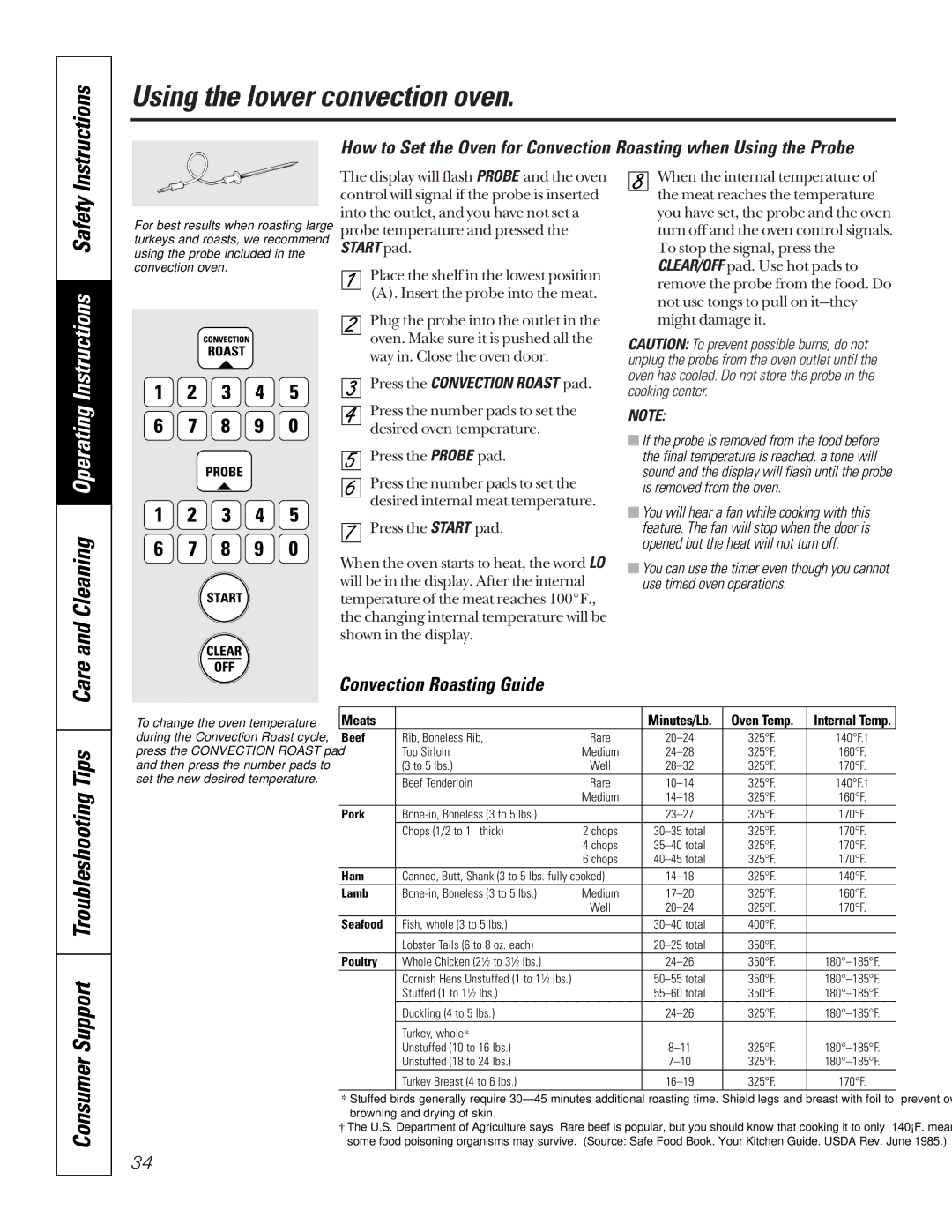 GE JTP95 owner manual Convection Roasting Guide, Press the Convection Roast pad 