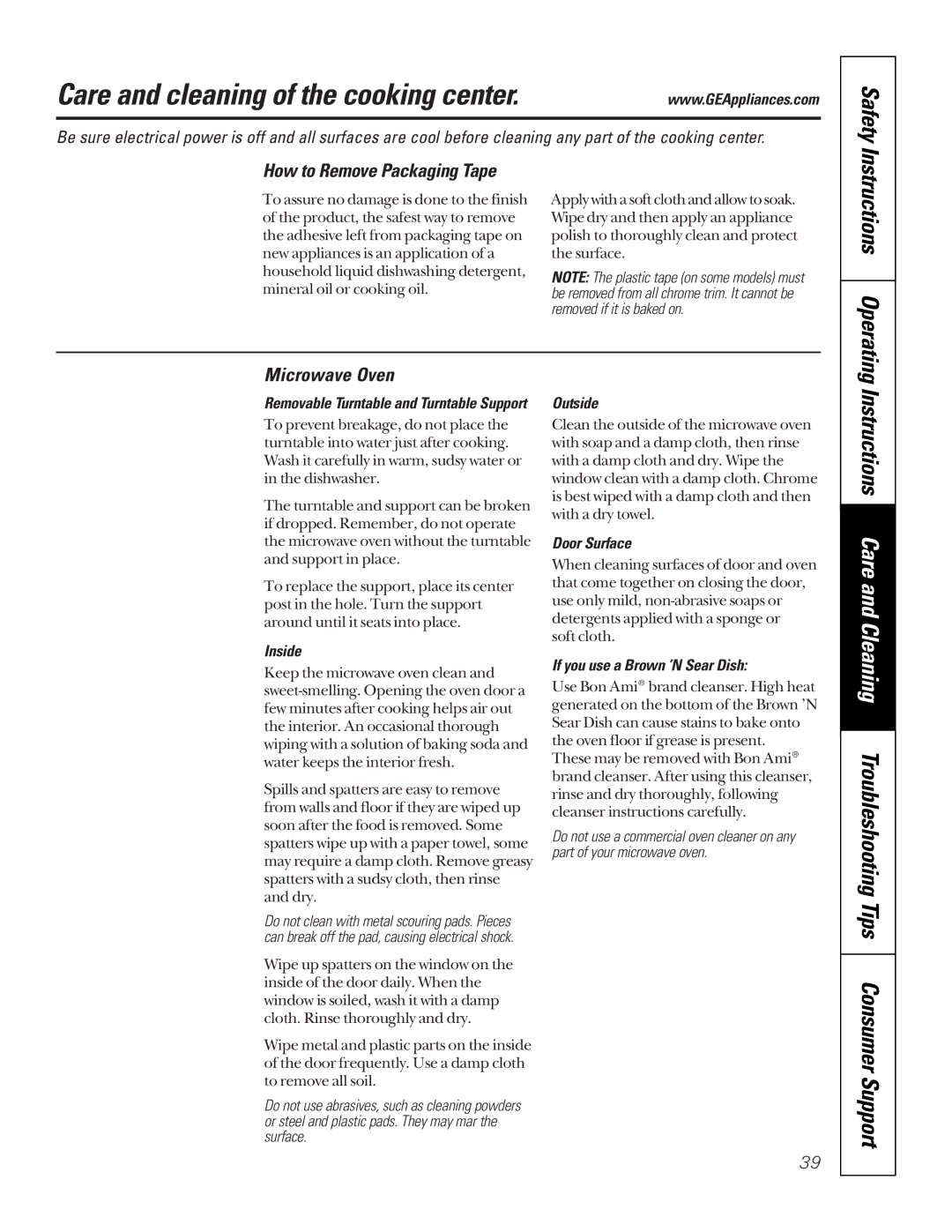GE JTP95 owner manual Care and cleaning of the cooking center, How to Remove Packaging Tape, Microwave Oven 
