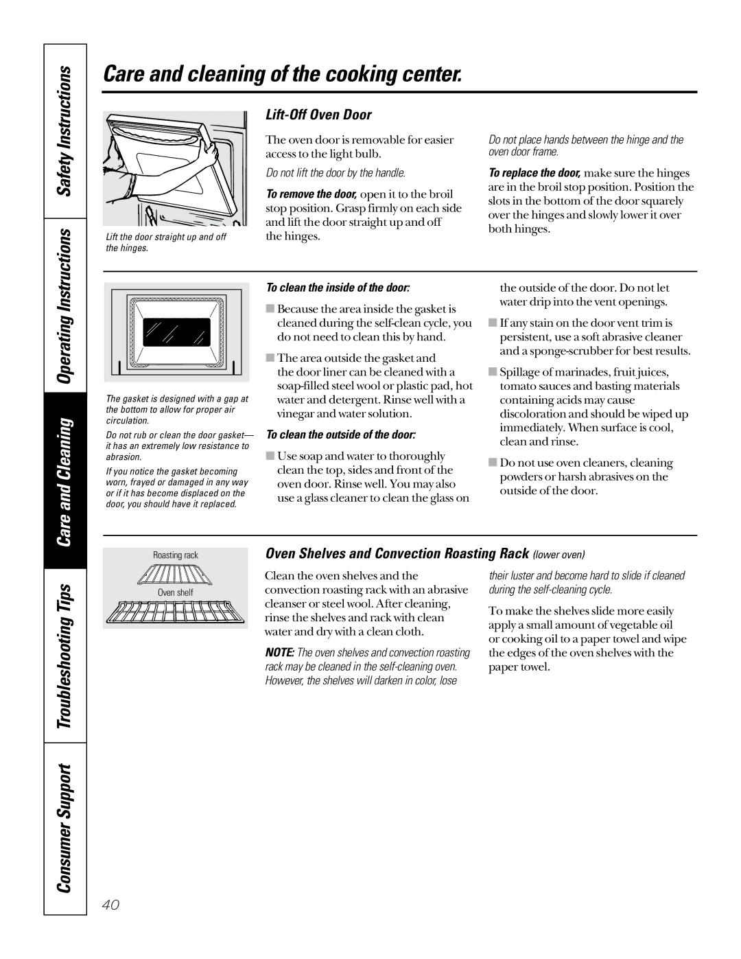 GE JTP95 owner manual Instructions Safety, Lift-Off Oven Door, Oven Shelves and Convection Roasting Rack lower oven 