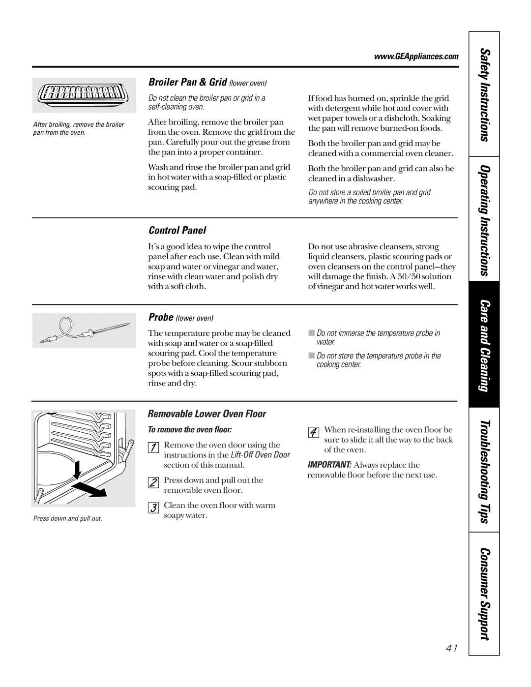 GE JTP95 owner manual Instructions Operating, Broiler Pan & Grid lower oven, Control Panel, Instructions Care 