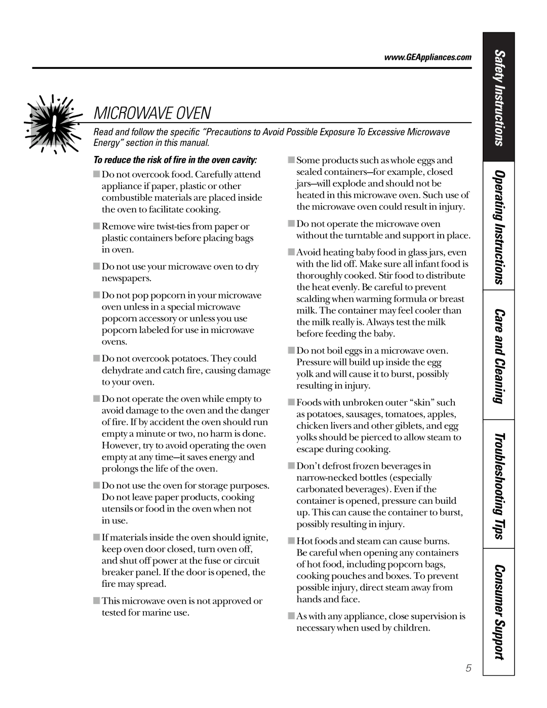 GE JTP95 owner manual Microwave Oven, To reduce the risk of fire in the oven cavity 