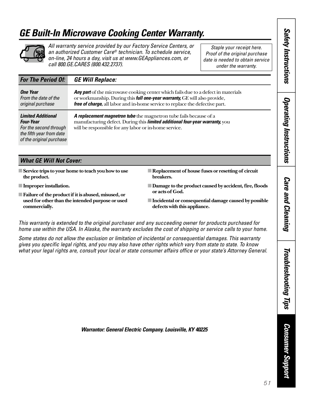 GE JTP95 owner manual GE Built-In Microwave Cooking Center Warranty, GE Will Replace, What GE Will Not Cover 