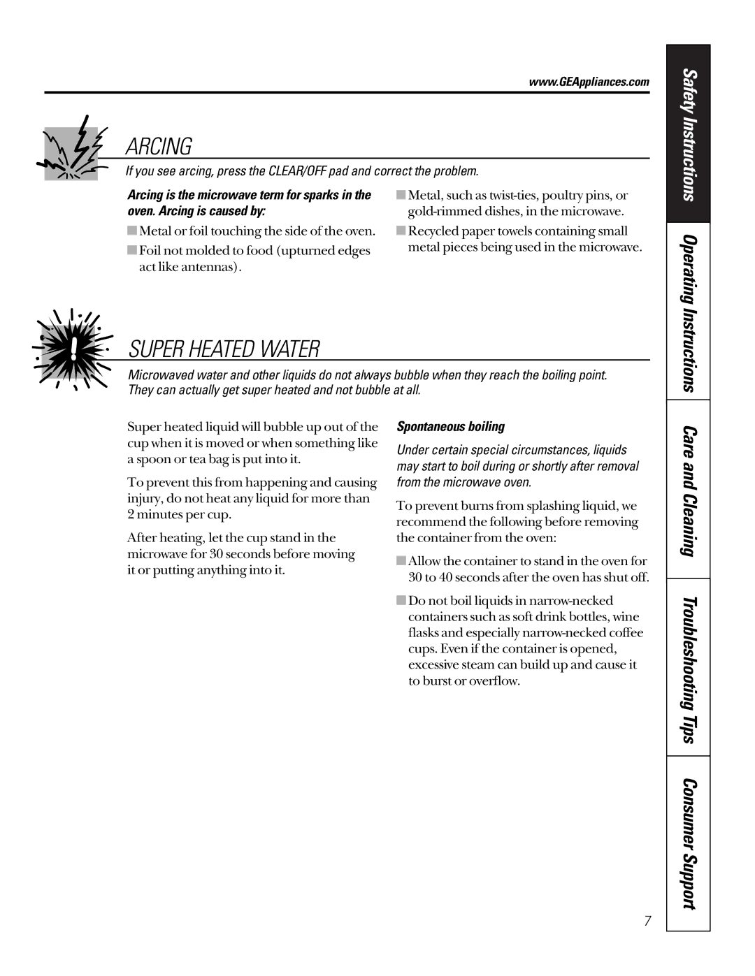 GE JTP95 owner manual Arcing, Super Heated Water, Safety Instructions Operating Instructions 