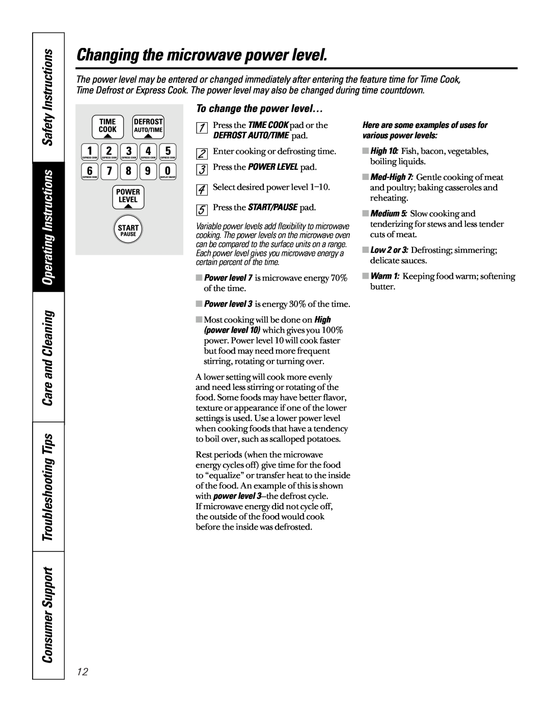 GE JTP95 owner manual Changing the microwave power level, Instructions, To change the power level…, DEFROST AUTO/TIME pad 