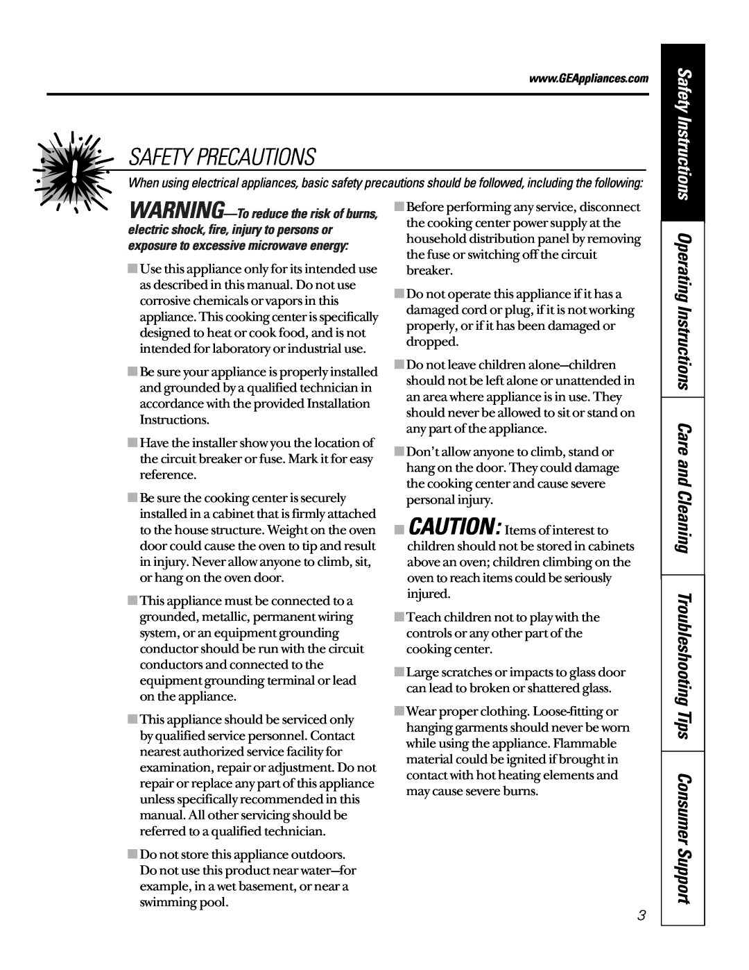 GE JTP95 owner manual Safety Precautions, Safety Instructions 
