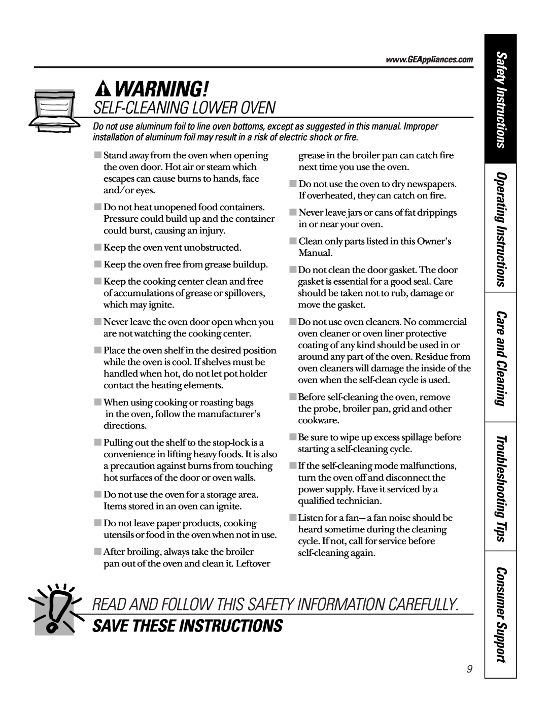 GE JTP95 Self-Cleaning Lower Oven, Save These Instructions, Support, Read And Follow This Safety Information Carefully 