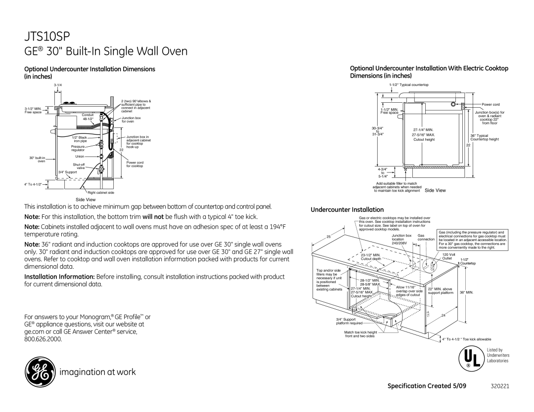 GE JTS10SPSS dimensions Undercounter Installation 