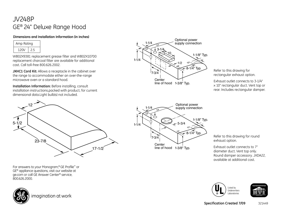 GE JV247PWW, JV248PSS installation instructions GE 24 Deluxe Range Hood, 23-7/8 17-1/2 