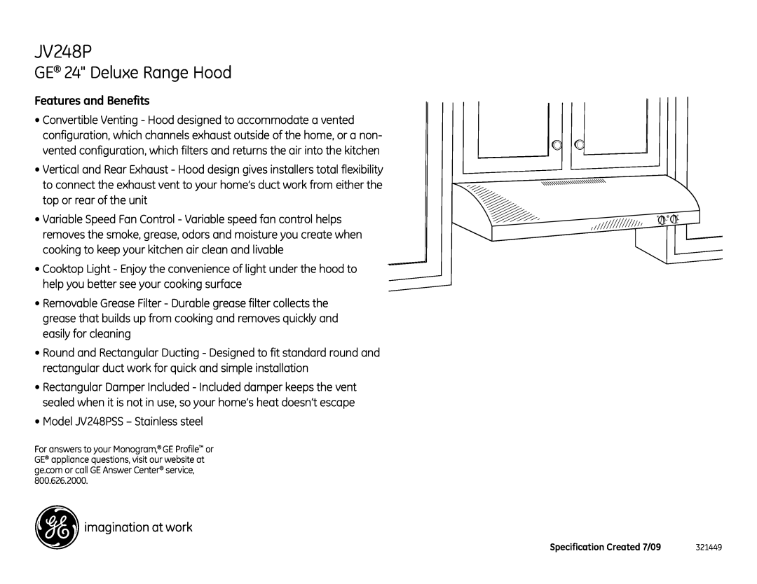 GE JV248PSS, JV247PWW installation instructions GE 24 Deluxe Range Hood, Features and Benefits 