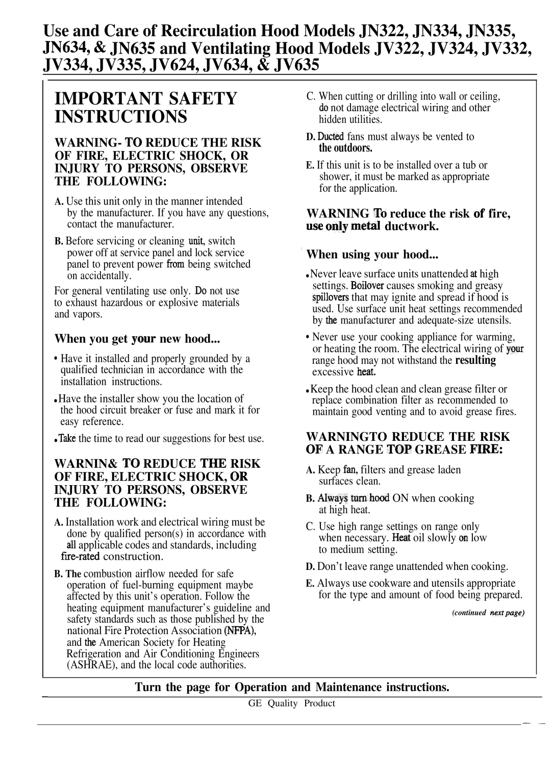 GE JV324 installation instructions When you get your new hood, Outdoors, When using your hood, Fwe-rated construction 