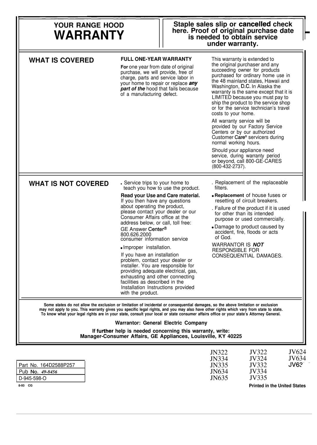 GE JV334, JV324, JV332, JN334, JN635, JV322, JN322, JN634, JV335, JN335, JV624, JV634 installation instructions Warranty 