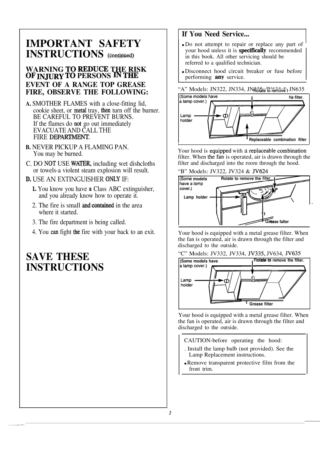 GE JV332, JV334 Important Safety Instructions continu~, If You Need Service, Never Pickup a Flaming PAN. You may be burned 