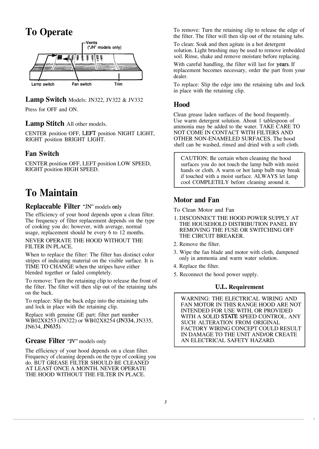 GE JN334, JV334, JV324, JV332, JN635, JV322 To Maintain, Fan Switch, Replaceable Filter ‘6JN models only, Hood, Motor and Fan 