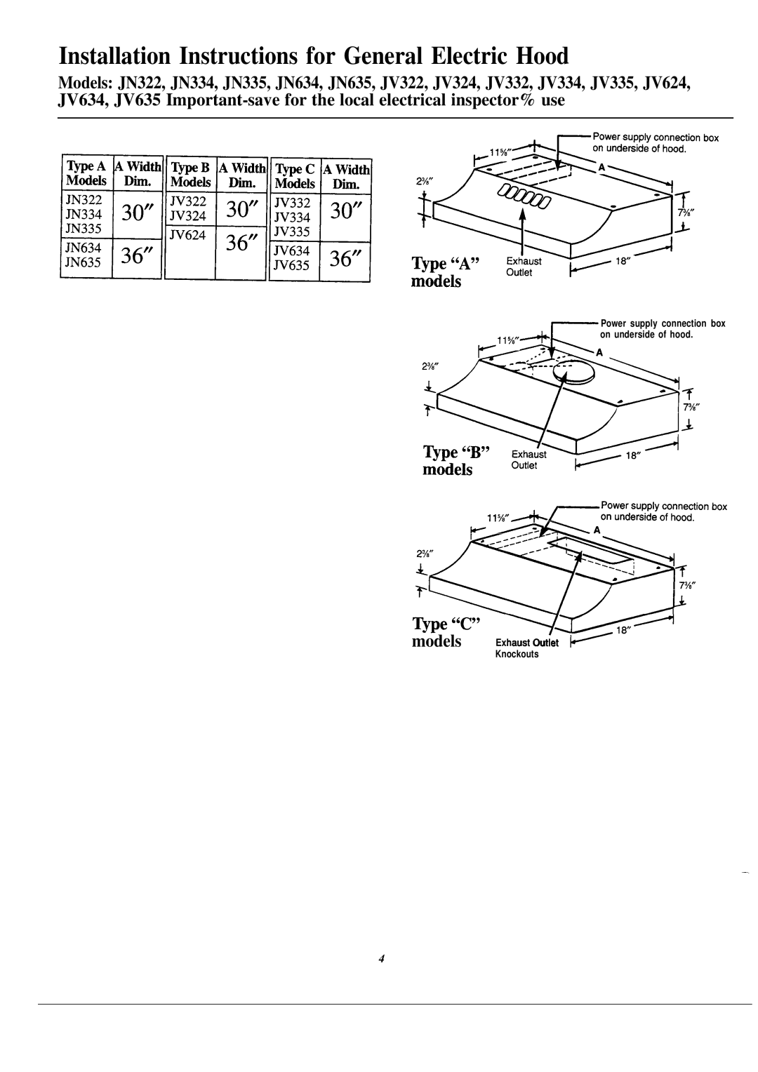 GE JN635, JV334, JV324, JV332, JN334, JV322, JN322, JN634, JV335 Installation Instructions for General Electric Hood, ~pe C Y~ 