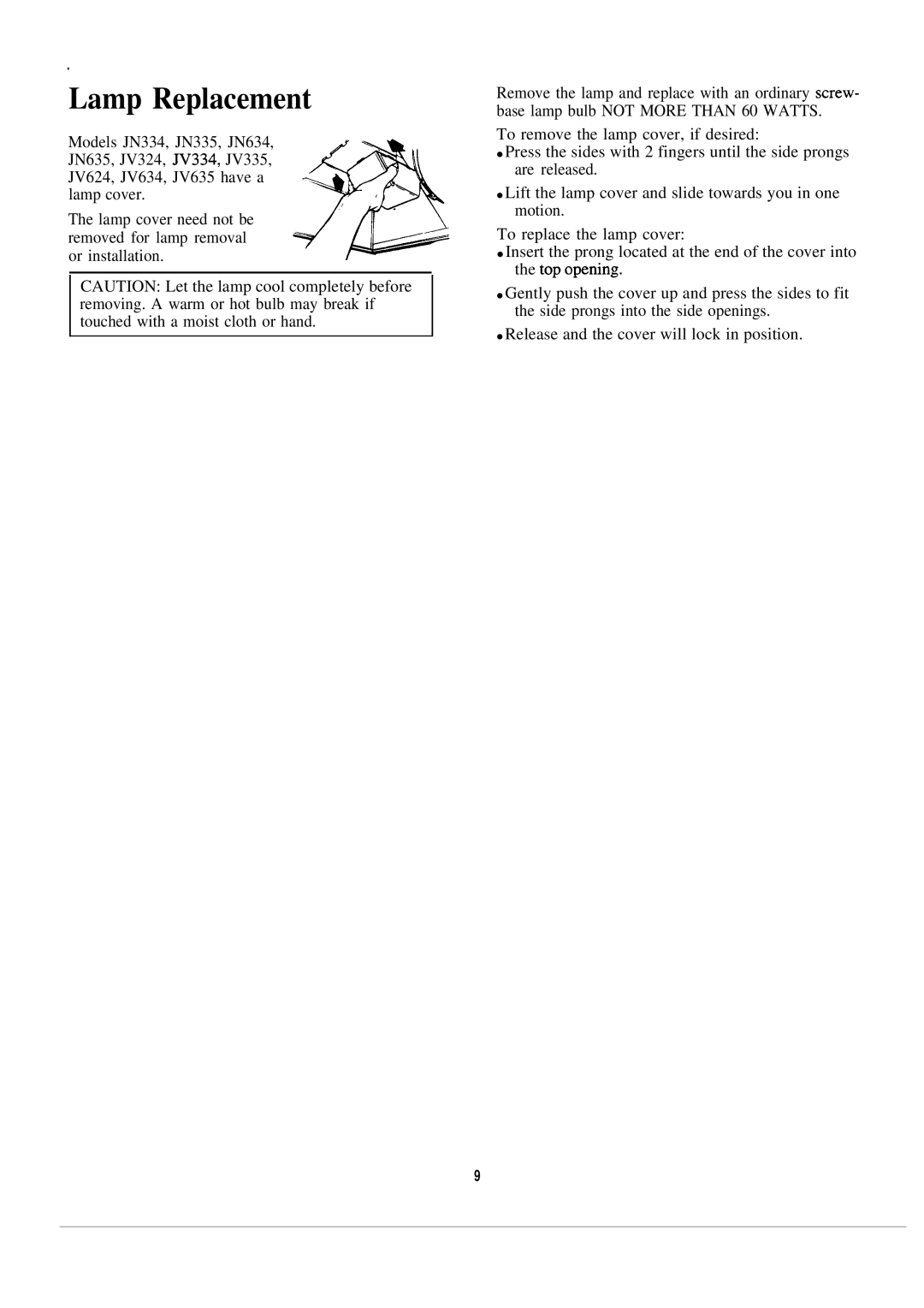 GE JN335, JV334, JV324, JV332, JN334, JN635, JV322, JN322, JN634, JV335, JV624, JV634 installation instructions Lamp Replacement 