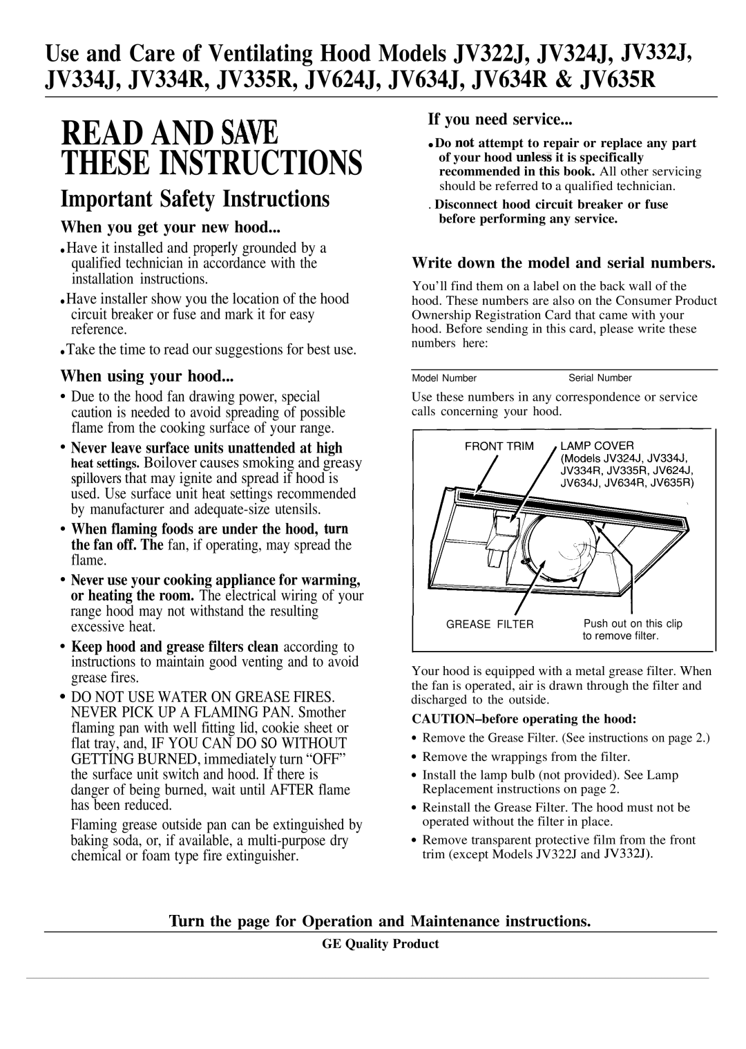 GE JV332J important safety instructions Important Safety Instructions, When you get your new hood, When using your hood 