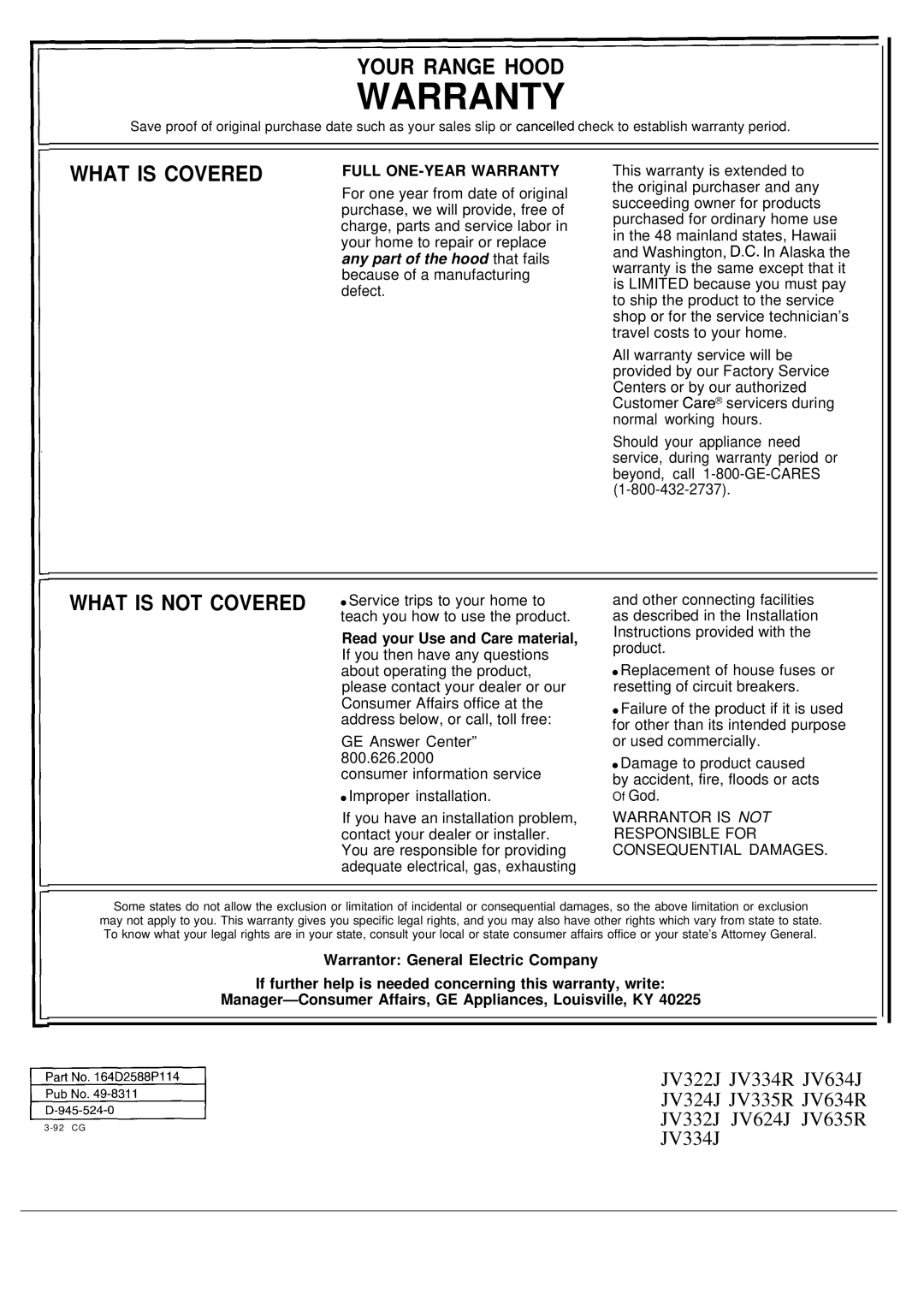 GE JV324J, JV334J, JV332J, JV334R, JV322J, JV335R, JV634J, JV634R, JV635R, JV624J important safety instructions EiEE!El3-92 CG 